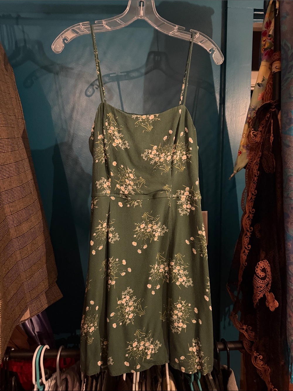 Francesca's Collections Olive Green Floral Spaghetti Strap Mini Dress